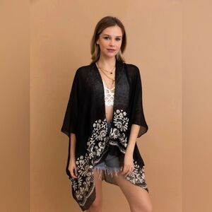 Black and Cream Floral Embroidered Kimono